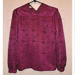 Women’s fushia red blouse collared floral top size 12 long sleeve vintage winter